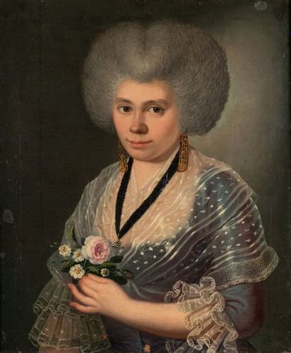 null Ecole ESPAGNOLE de la fin du XVIIIème siècle Portrait d’une femme au bouquet...