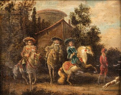 null Ecole ESPAGNOLE vers 1680 Cavaliers devant une auberge Toile marouflée sur panneau...