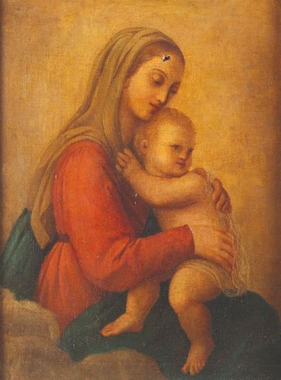 null Ecole ITALIENNE du XIXème siècle Vierge à l’Enfant Toile 72 x 56,5 cm Accidents...