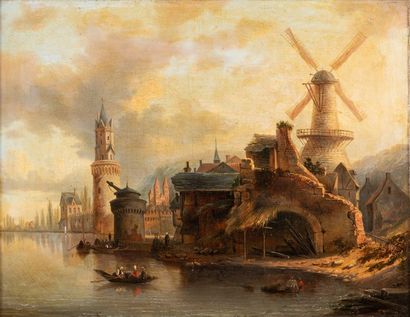 null Ecole HOLLANDAISE vers 1840 Barque au large d’une ville avec un moulin Huile...