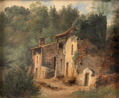 null Ecole FRANCAISE vers 1860 Paysage d’Auvergne à la vieille maison Papier marouflé...
