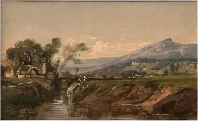 null ECOLE ITALIENNE ou SUISSE, fin XIXème siècle, Scène de pâturage à la rivière,...