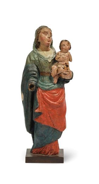 null VIERGE A L’ENFANT en bois sculpté polychrome. Espagne, XVIIIème siècle (Manque...