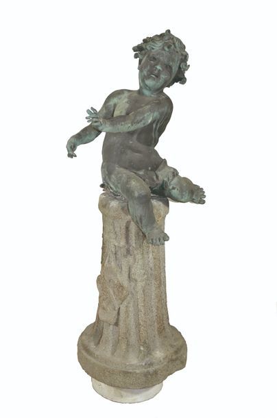 null Sculpture de jardin en plomb représentant un chérubin, Epoque Louis XIV assis...