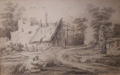Attribué à Jacob CATS (1577-1660) Paysage à la chaumière près d’un pont Pierre noire,...