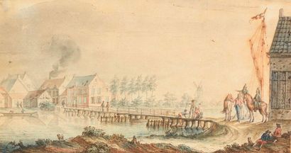 Ecole HOLLANDAISE du XVIIIème siècle Vue d'un village La construction d'un pont en...
