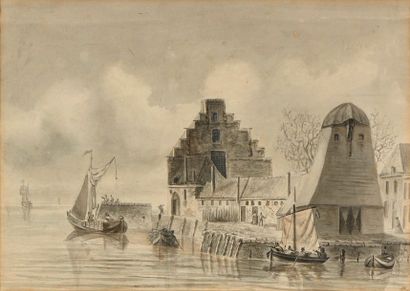 Ecole HOLLANDAISE du XVIIIème siècle Barques de pêcheurs près d'un quai sur la rivière...