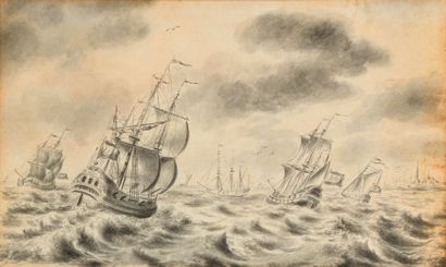 Ecole HOLLANDAISE du XVIIIème siècle Navire de guerre et bateaux dans la tempête...