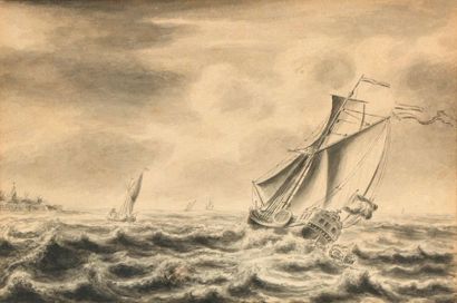 Ecole HOLLANDAISE du XVIIIème siècle Navires dans la tempête Plume et encre grise,...