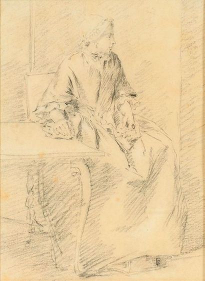 ECOLE FRANCAISE du XVIIIème siècle, Jeune femme assise près d'une table Pierre noire...