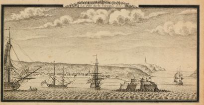 ECOLE FRANCAISE, 1736 Vue de la ville de la Corogne (Galice) Plume et encre noire,...