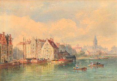 OUVRIE Pierre Justin (Paris 1806 - Rouen 1879) Une ville hollandaise sur un canal...