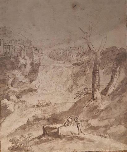null Ecole ITALIENNE du XVIIème siècle
Paysage aux promeneurs près d'une cascade
Plume...