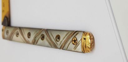 null Charming FOLDING KNIFE yellow gold blade, steel frame. Mother-of-pearl plate...