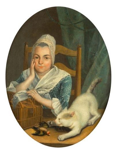 null Christian Friedrich SPINDLER ( ? 1742 - ? ) Portrait de femme au chat et à la...