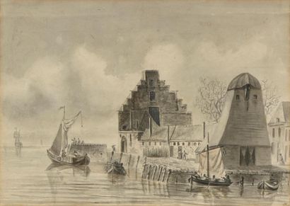 null Ecole HOLLANDAISE du XVIIIème siècle
Barques de pêcheurs près d'un quai sur...