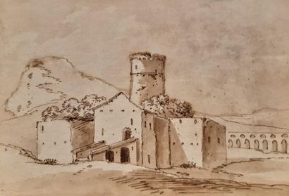 null Ecole ITALIENNE du XVIIIème siècle
Paysage au viaduc et au bâtiment fortifié
Plume...