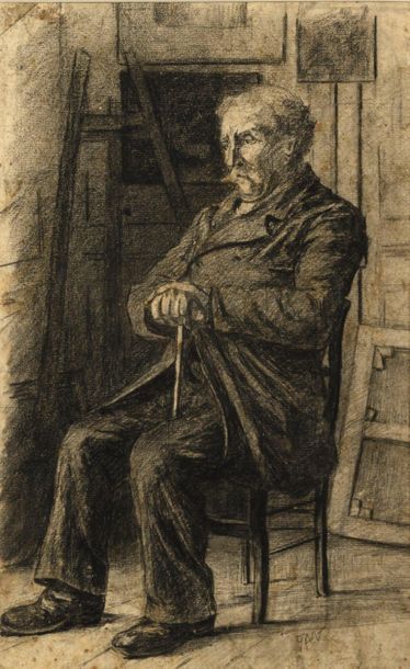 null Ecole FRANCAISE du XXème siècle
Portrait d'un homme assis sur une chaise, appuyé...