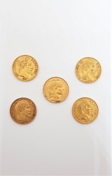 null Cinq pièces de 20 Francs Or : 1856 (A-BARRE), 1866 (BB-BARRE), 1859 (A-BARRE),...
