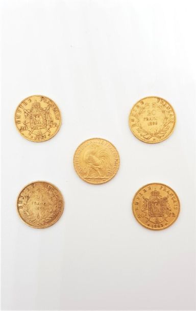 null Cinq pièces de 20 Francs Or : 1856 (A-BARRE), 1866 (BB-BARRE), 1859 (A-BARRE),...