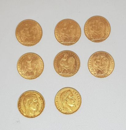 null Huit pièces de 20 Francs or : quatre de 1909 (J.C. CHAPLIN), une de 1914 (CHAPLIN),...