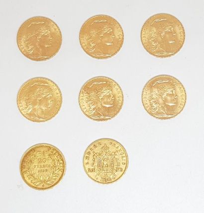 null Huit pièces de 20 Francs or : quatre de 1909 (J.C. CHAPLIN), une de 1914 (CHAPLIN),...