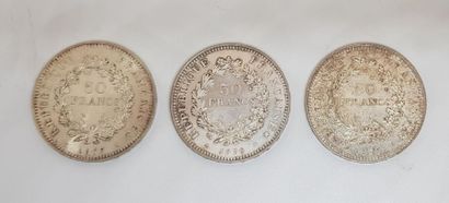null Trois pièces de 50 Francs Argent : 1977 (DUPRE), deux de 1978 (DUPRE)