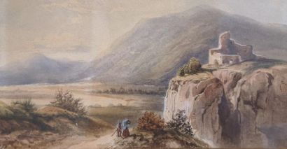 null Ecole FRANCAISE, 1839
Couple de promeneurs sur une route de montagne
Aquarelle
17,5...