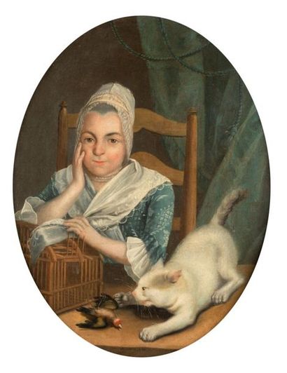 null Christian Friedrich SPINDLER ( ? 1742 - ? ) 
Portrait de femme au chat et à...