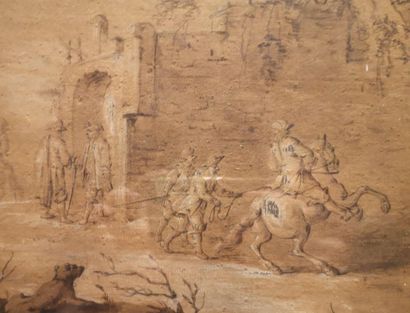 null Ecole française du XVIIIème siècle
Cavaliers à l'entrée des fortifications 
Crayon,...