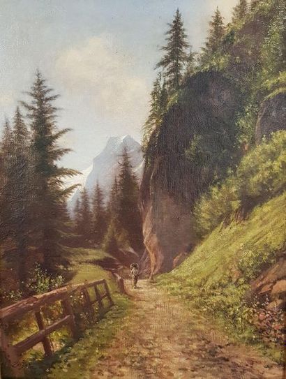 null Jakop ZELGER (1812-1885)
Personnage sur un chemin de montagne 
Huile sur toile...