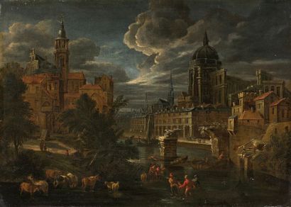 null Theodore van HEIL (Bruxelles 1635 - après 1695)
Vue d'une ville au dôme, au...