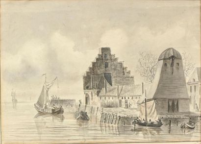 null Ecole HOLLANDAISE du XVIIIème siècle
Barques de pêcheurs près d'un quai sur...