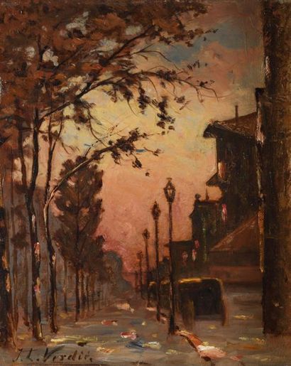 null Jean-Louis VERDIER (1849-1895)
Rue au crépuscule
Huile sur panneau signée en...