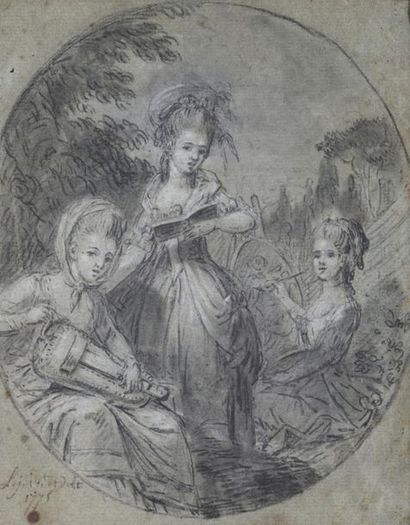null Ecole FRANCAISE en 1775
Three sisters painting, playing the hurdy-gurdy and...