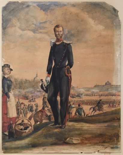 null Charles CHEVALIER
(Actif en 1845)
Autoportrait de l'artiste en officier devant...