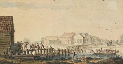 null 18th century HOLLAND school
View of a village
The construction of a wooden bridge
Pair...