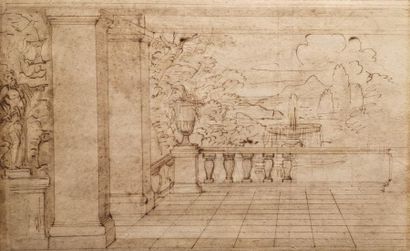 null Attributed to Sébastien BOURDON (1616 - 1671) 
Theater or Palace Terrace Scene
Pen...