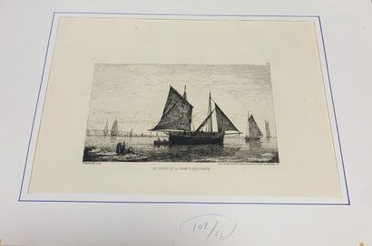 null Carton à dessin comprenant 9 gravures de paysages ou bateaux