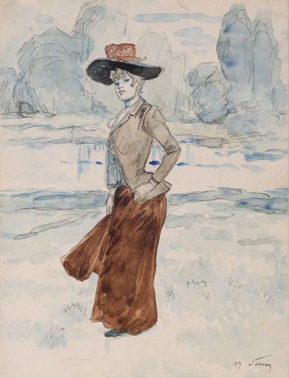 null Henry SOMM (1844 - 1907)
Elegant by a river
Watercolour signed lower right
21...