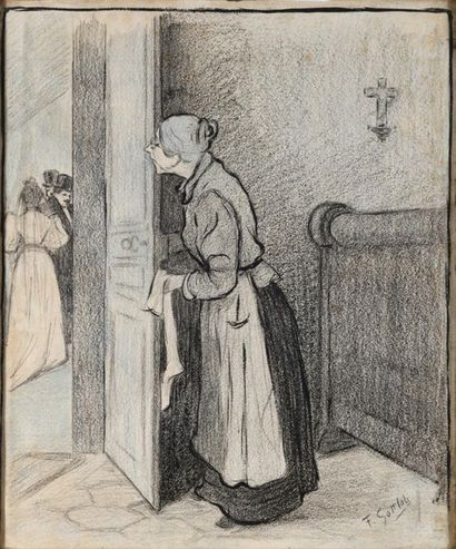 null Fernand GOTTLOB (1873 - 1935)
LE JOUR DU MARIAGE
Charcoal and blue pencil signed...