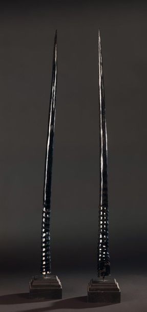 null Paire de corne polie d'Oryx gemsbok sur socle.
Haut. 93 cm.