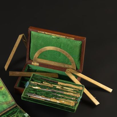 null Mathematician's or geometrician's kit composed of compasses, a ruler and three...