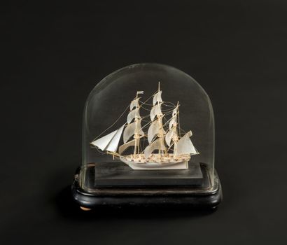 null Model of a three-masted ivory ship from Dieppe with five figures on board. The...