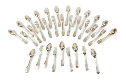 null Seventeen silver table spoons and fifteen forks, filet model, some engraved...
