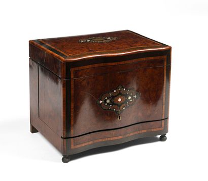 null Box forming a liquor cellar in burr cedar veneer and inlaid brass or engraved...