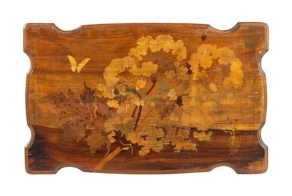 null GALLE 

Rectangular table with two trays with contoured edges decorated in marquetry...