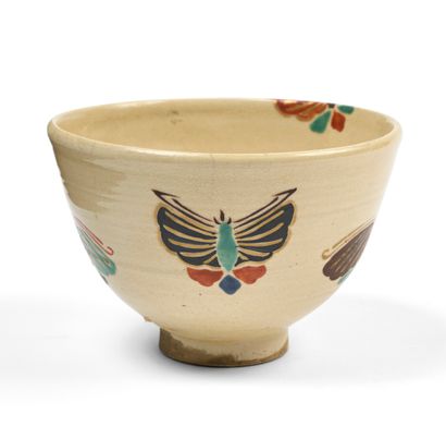 null JAPANese stoneware tea ceremony bowl, decorated in polychrome and gold with...