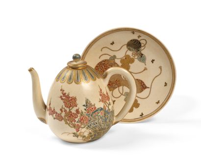 null JAPAN SATSUMA Teapot of ovoid form and small circular earthenware tray, decorated...