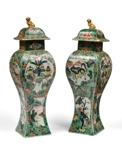 null SAMSON A PARIS, Pair of covered vases with cut sides, decorated in the style...